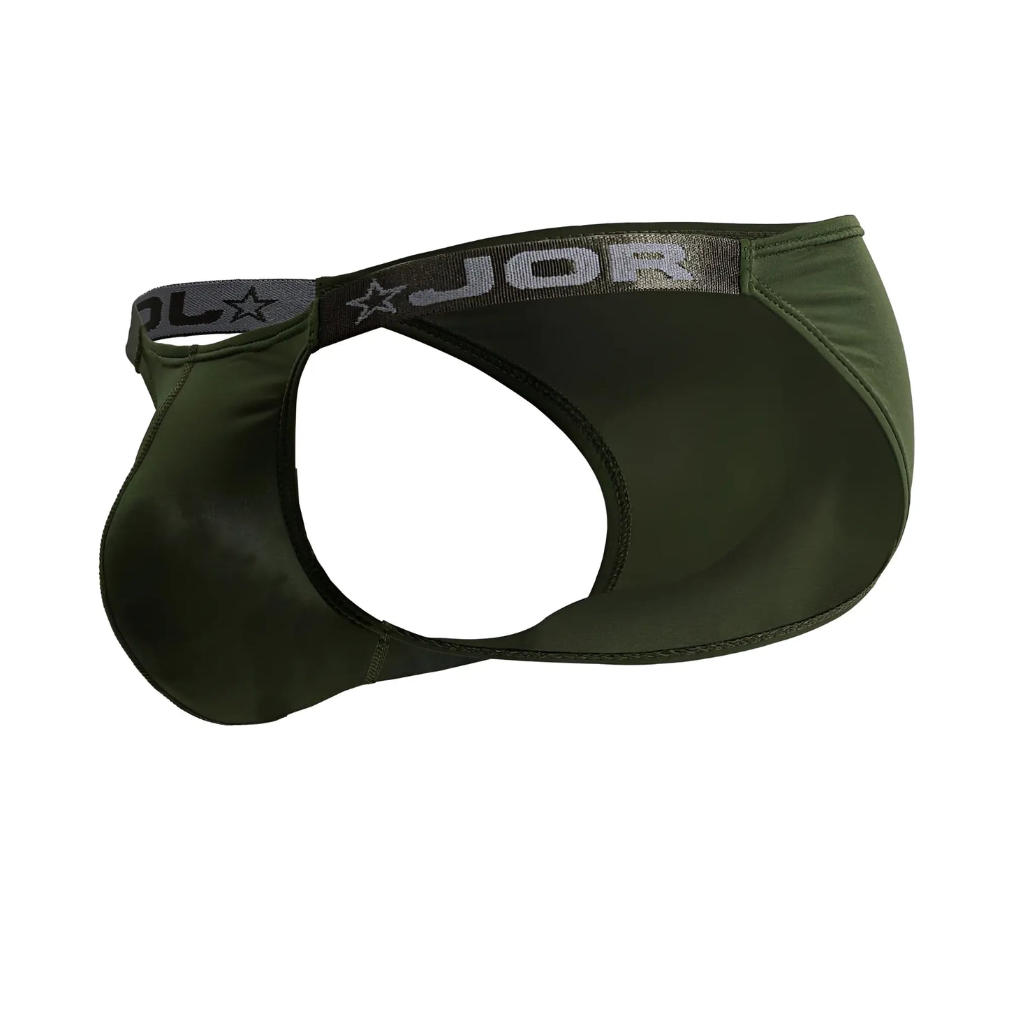 Olive green jor 2233 eros bikini thong made of smooth stretchy fabric with gray elastic waistband and logo star emblem