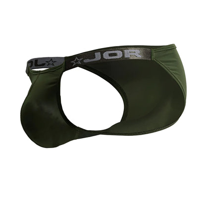 Olive green jor 2233 eros bikini thong made of smooth stretchy fabric with gray elastic waistband and logo star emblem