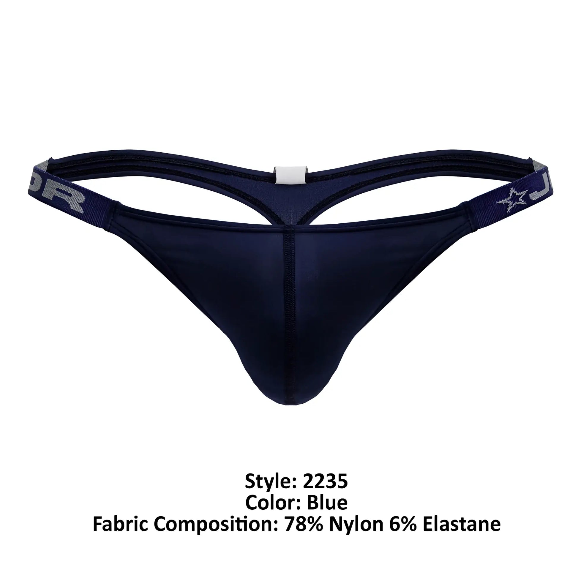 Navy blue JOR 2235 Eros thong with supportive contoured design and elastic waistband with gray lettering