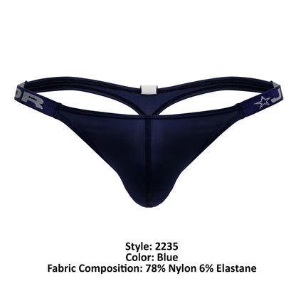 Navy blue JOR 2235 Eros thong with supportive contoured design and elastic waistband with gray lettering