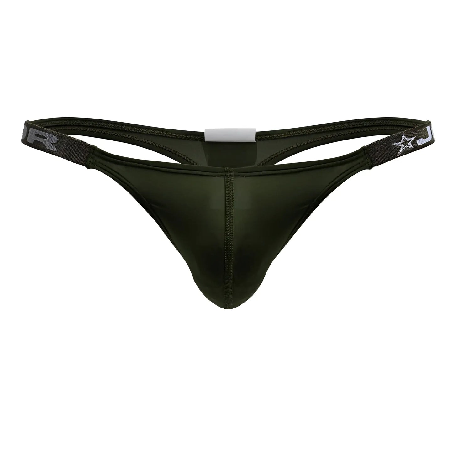 Dark olive green sleek form-fitting thong with subtle sheen from jor 2235 eros thongs collection front view