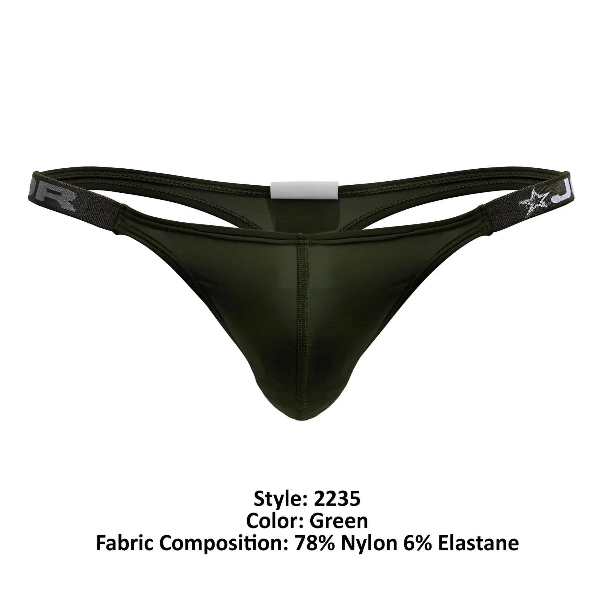 Dark green JOR 2235 Eros thong made of 78 nylon and 6 elastane with branded elastic waistband and star logo