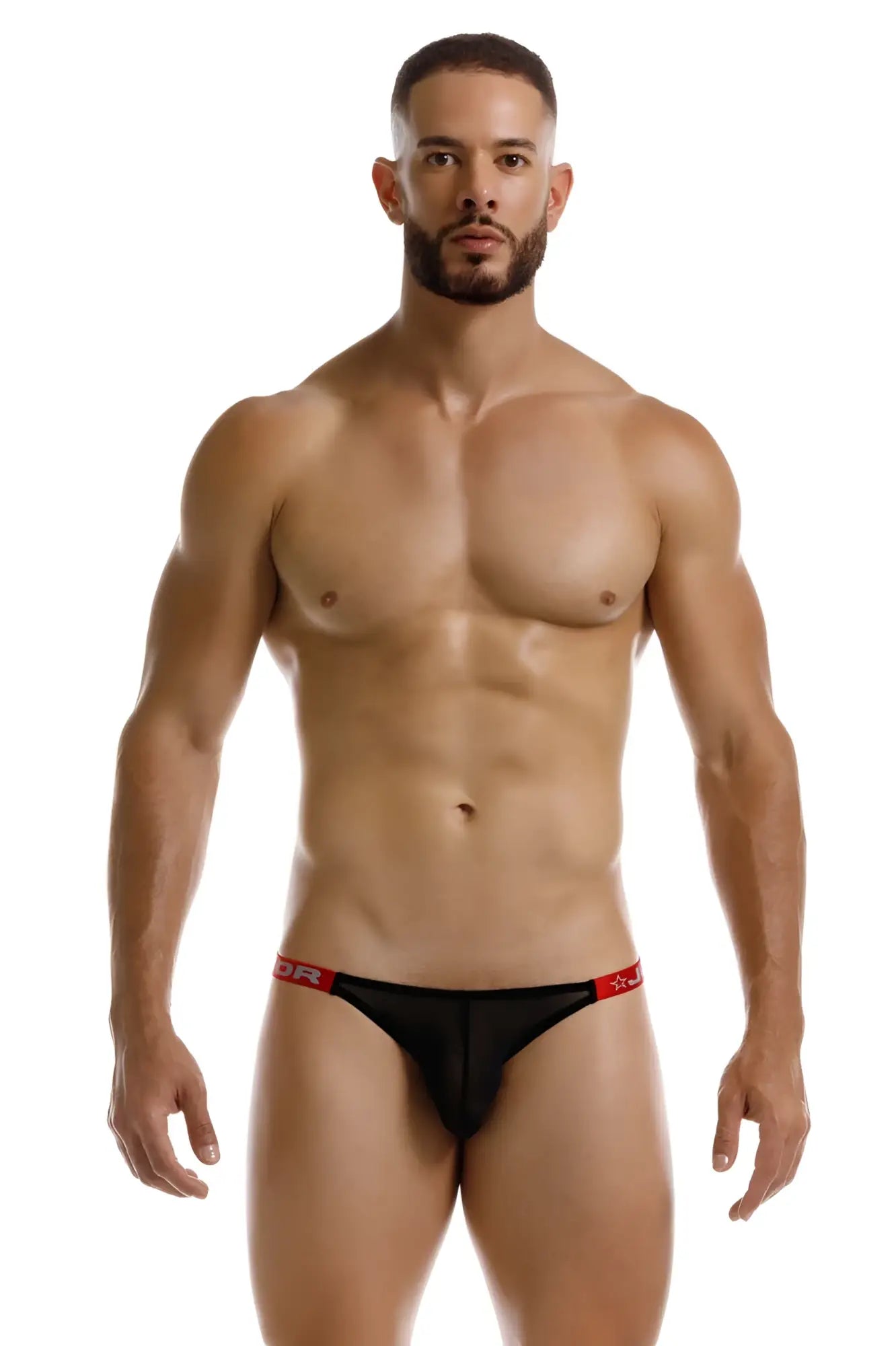 Black frost bikini thong with red trim and subtle logo on waistband showing front side