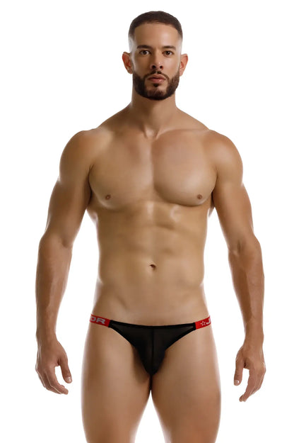 Black frost bikini thong with red trim and subtle logo on waistband showing front side
