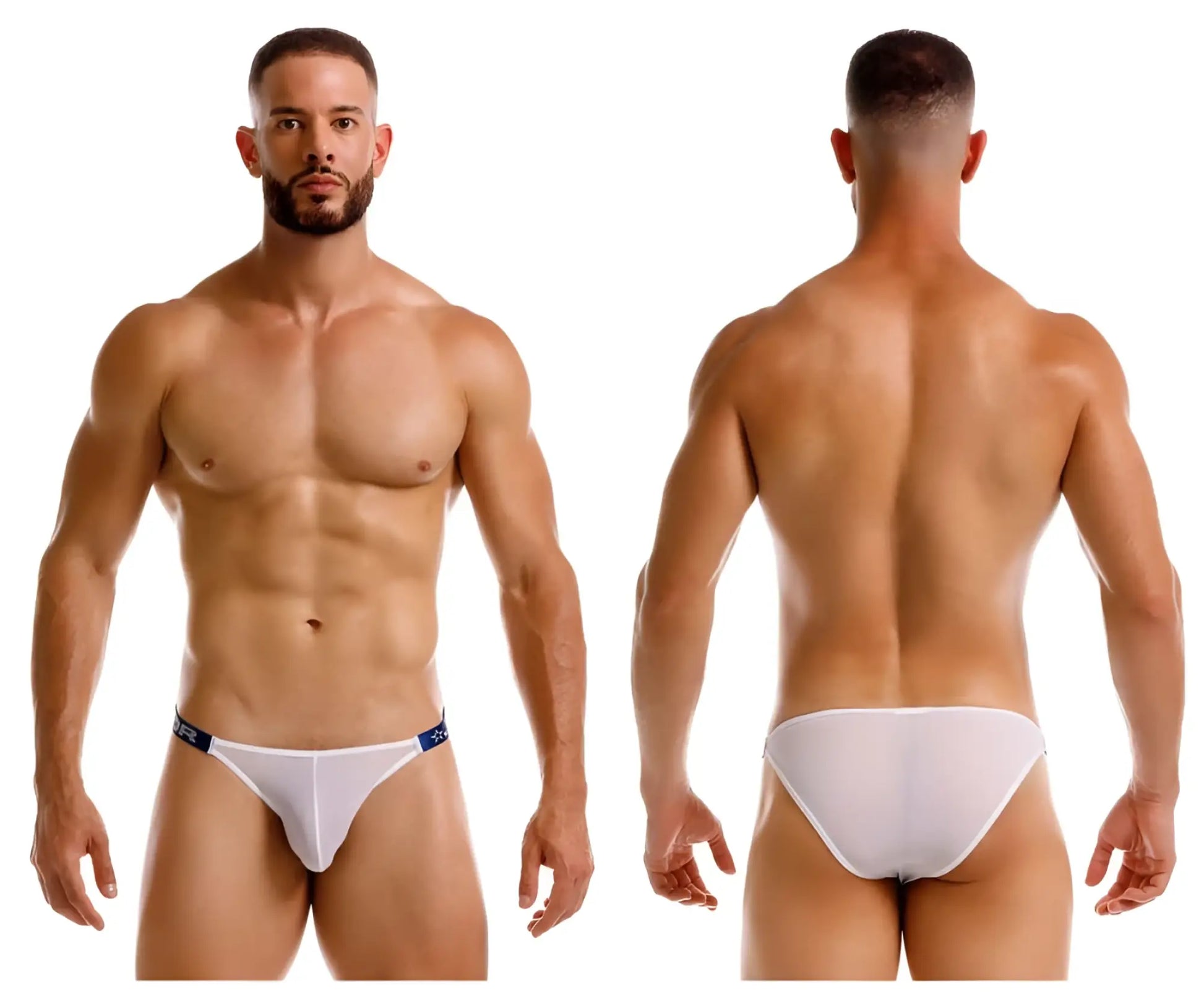 White athletic briefs jor 2236 frost bikini with blue trim and subtle logo on waistband front view
