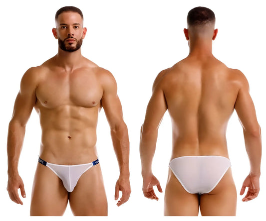 White athletic briefs jor 2236 frost bikini with blue trim and subtle logo on waistband front view