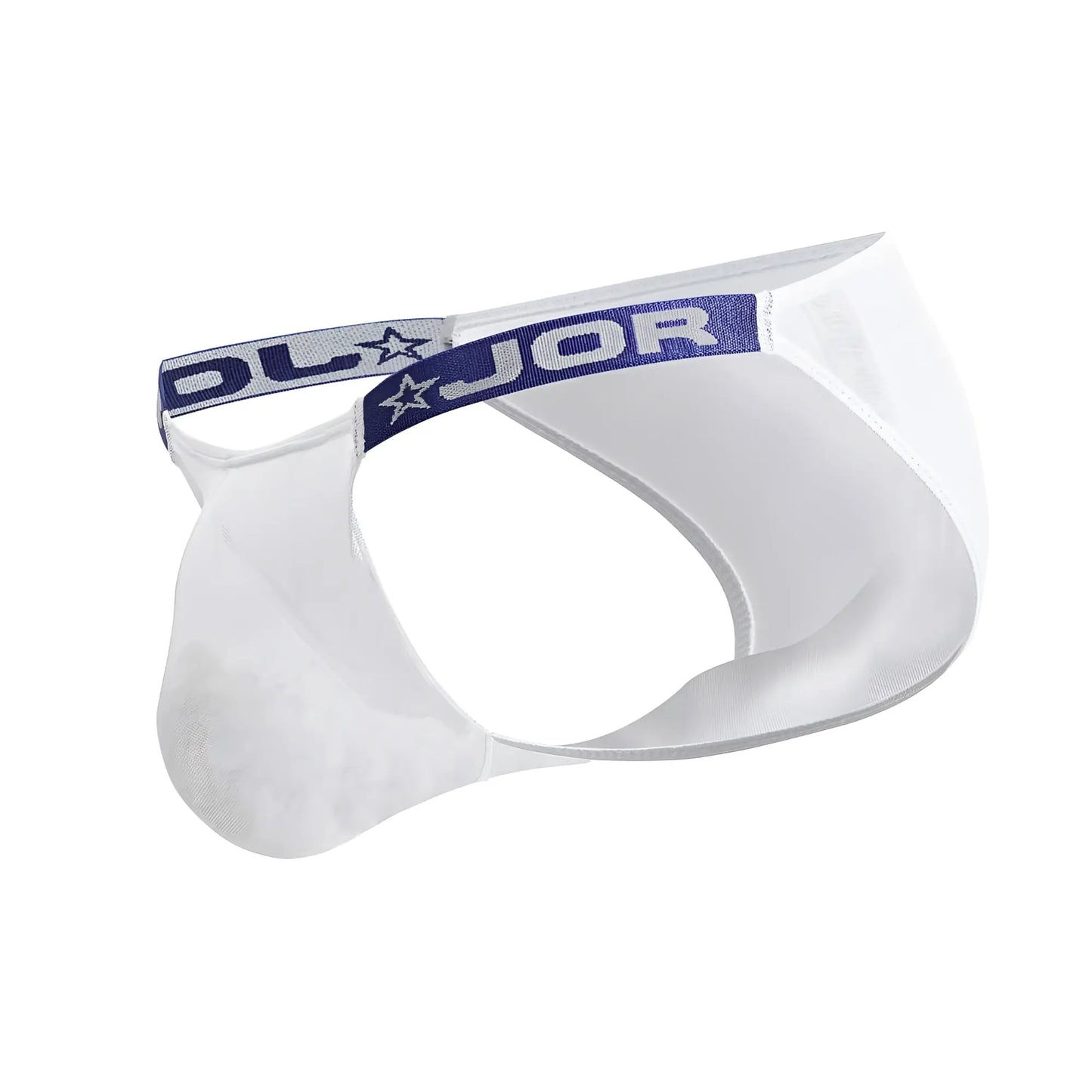White mesh frost bikini briefs with navy blue elastic waistband featuring dljor logo and star design