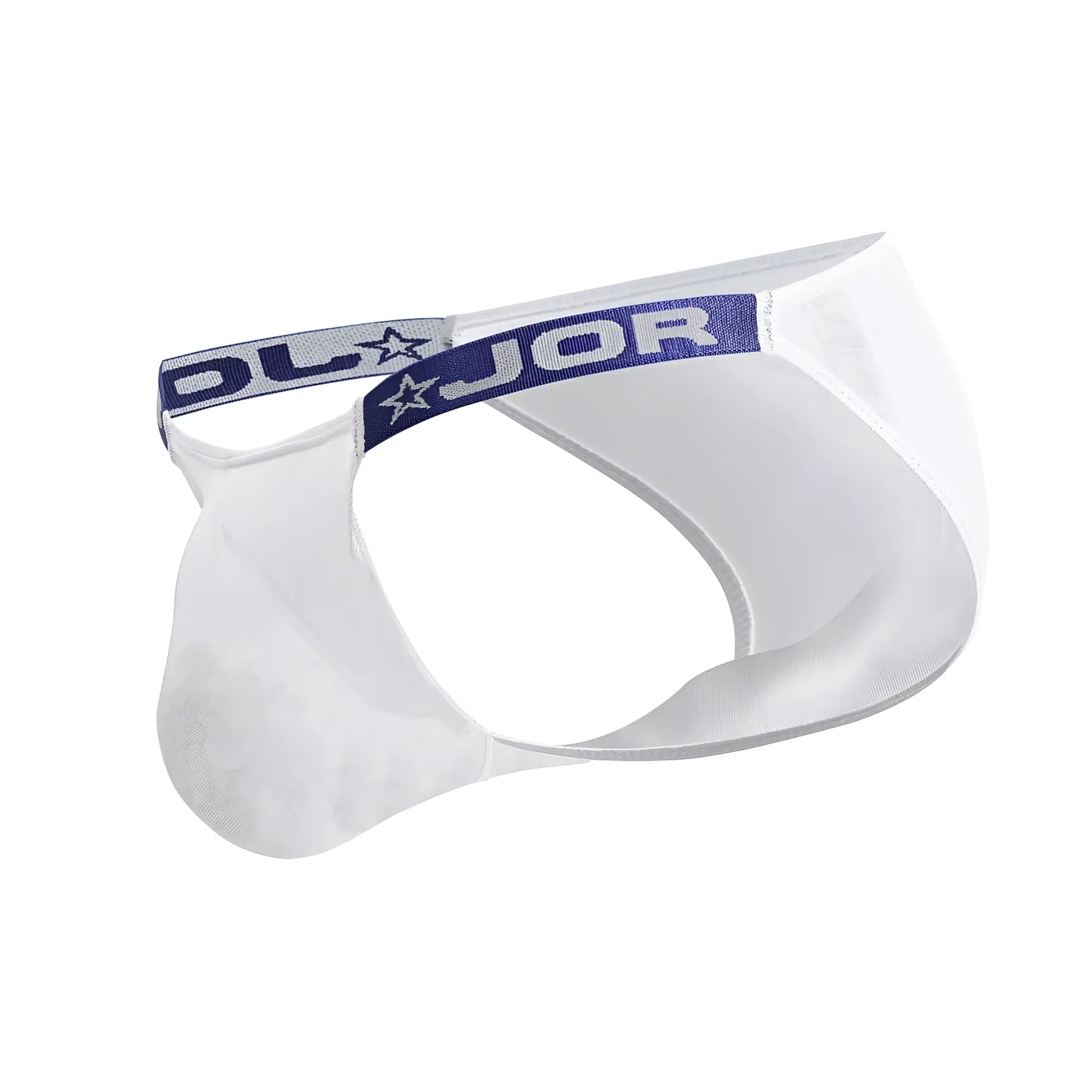 White mesh frost bikini briefs with navy blue elastic waistband featuring dljor logo and star design