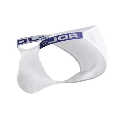 White mesh frost bikini briefs with navy blue elastic waistband featuring dljor logo and star design