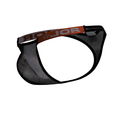 Black mesh brief with orange and gray jor branded waistband from jor 2238 frost thongs color black collection