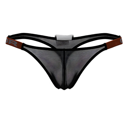 Black mesh thong jor 2238 frost thongs with brown elastic waistband and black trim showing front side details