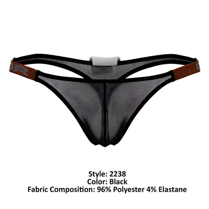 Black mesh thong with black elastic trim and brown side bands featuring a gray JOR logo in color black