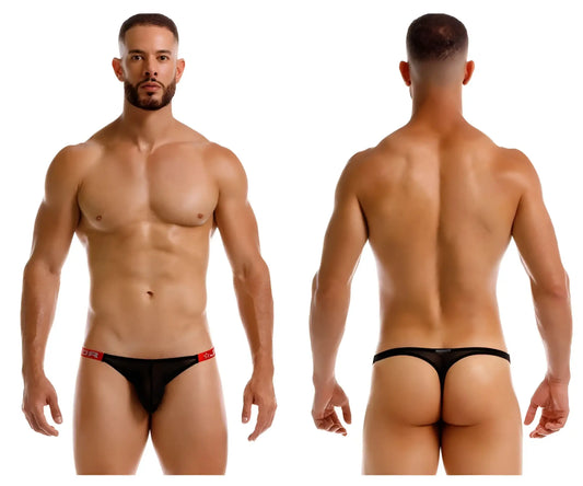 Black mesh thong with red trim and jor logo on waistband from jor 2238 frost thongs color black collection