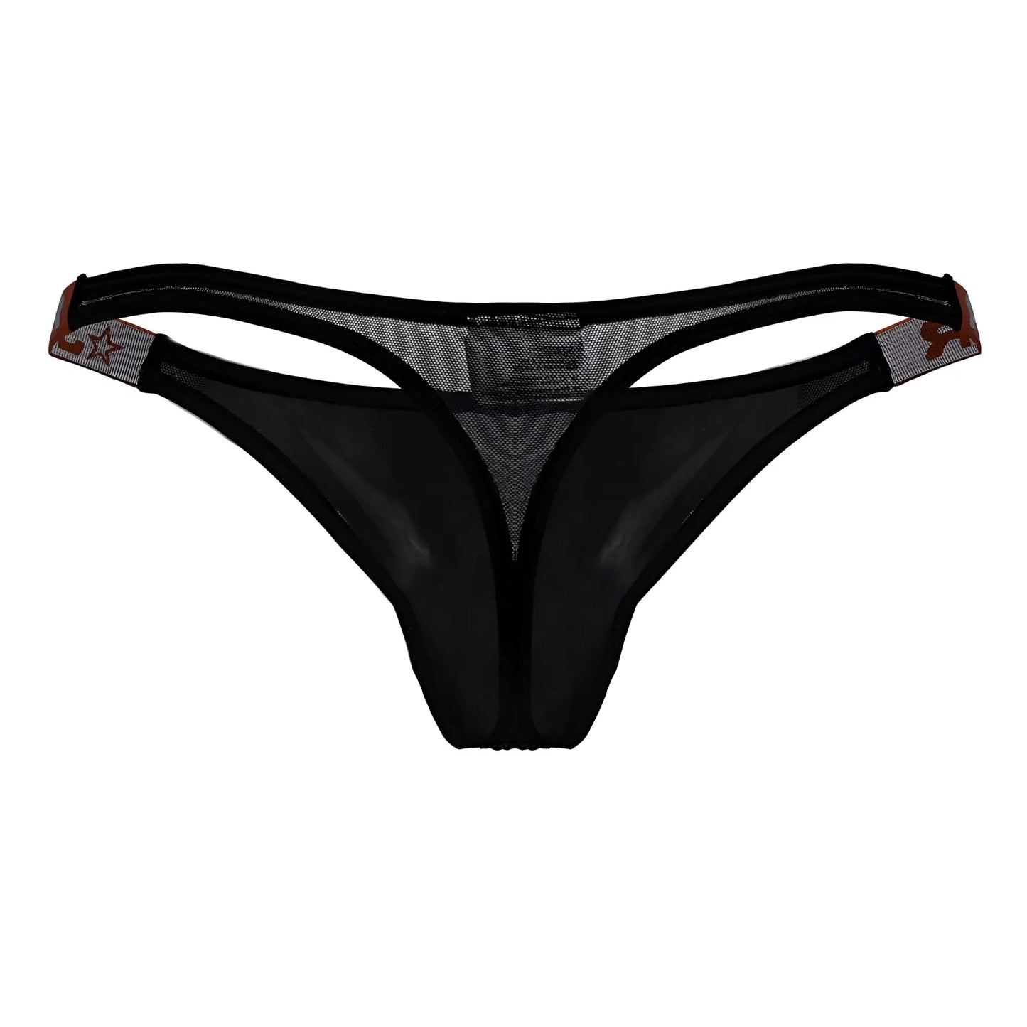 Jor 2238 frost thongs black mesh thong with subtle star pattern on side straps shown from the back side