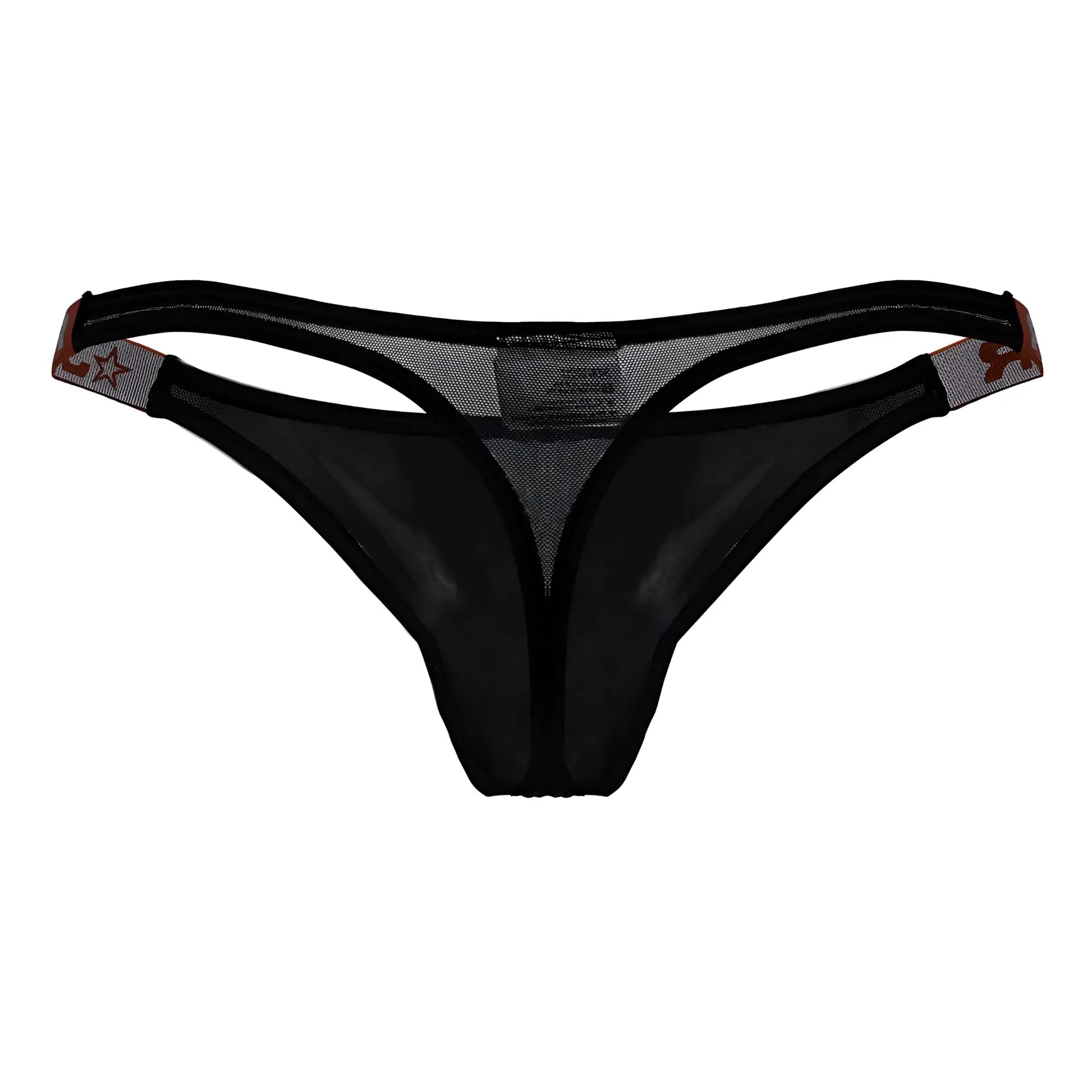 Jor 2238 frost thongs black mesh thong with subtle star pattern on side straps shown from the back side
