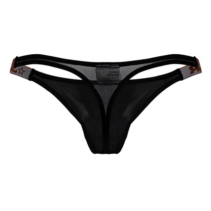 Jor 2238 frost thongs black mesh thong with subtle star pattern on side straps shown from the back side
