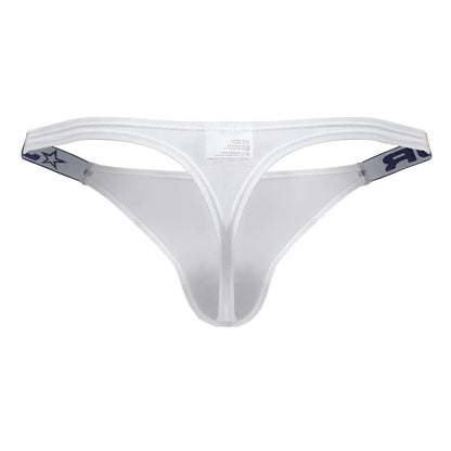 White mesh thong with gray elastic straps featuring star and ar logo from jor 2238 frost thongs collection