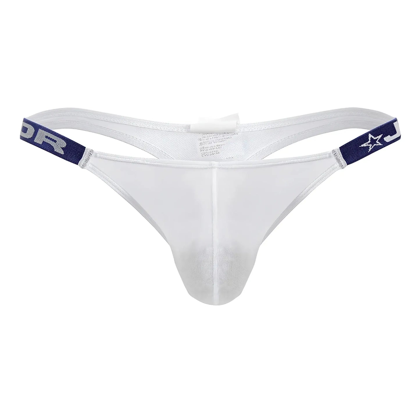 White mesh thong jor 2238 frost thongs with navy blue elastic waistband featuring star and lettering design