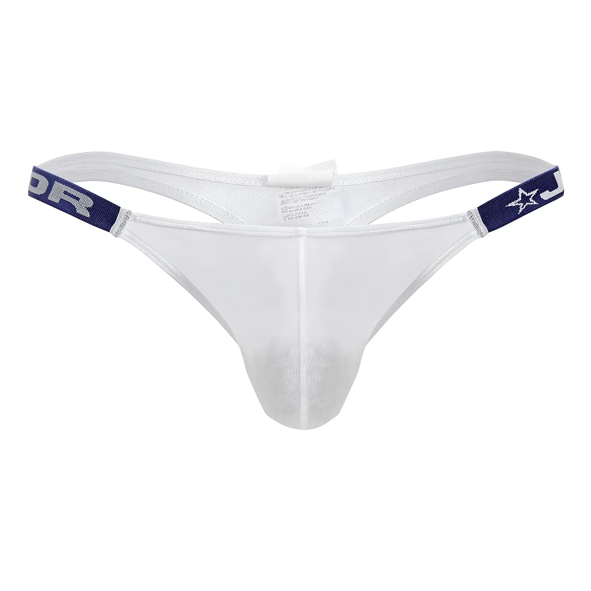 White mesh thong jor 2238 frost thongs with navy blue elastic waistband featuring star and lettering design