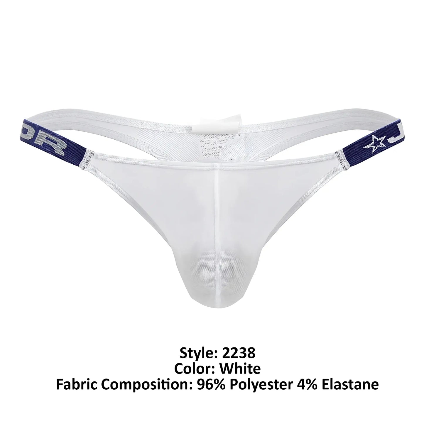 White mesh thong with navy blue elastic bands featuring star and lettering design jor 2238 frost thongs color white
