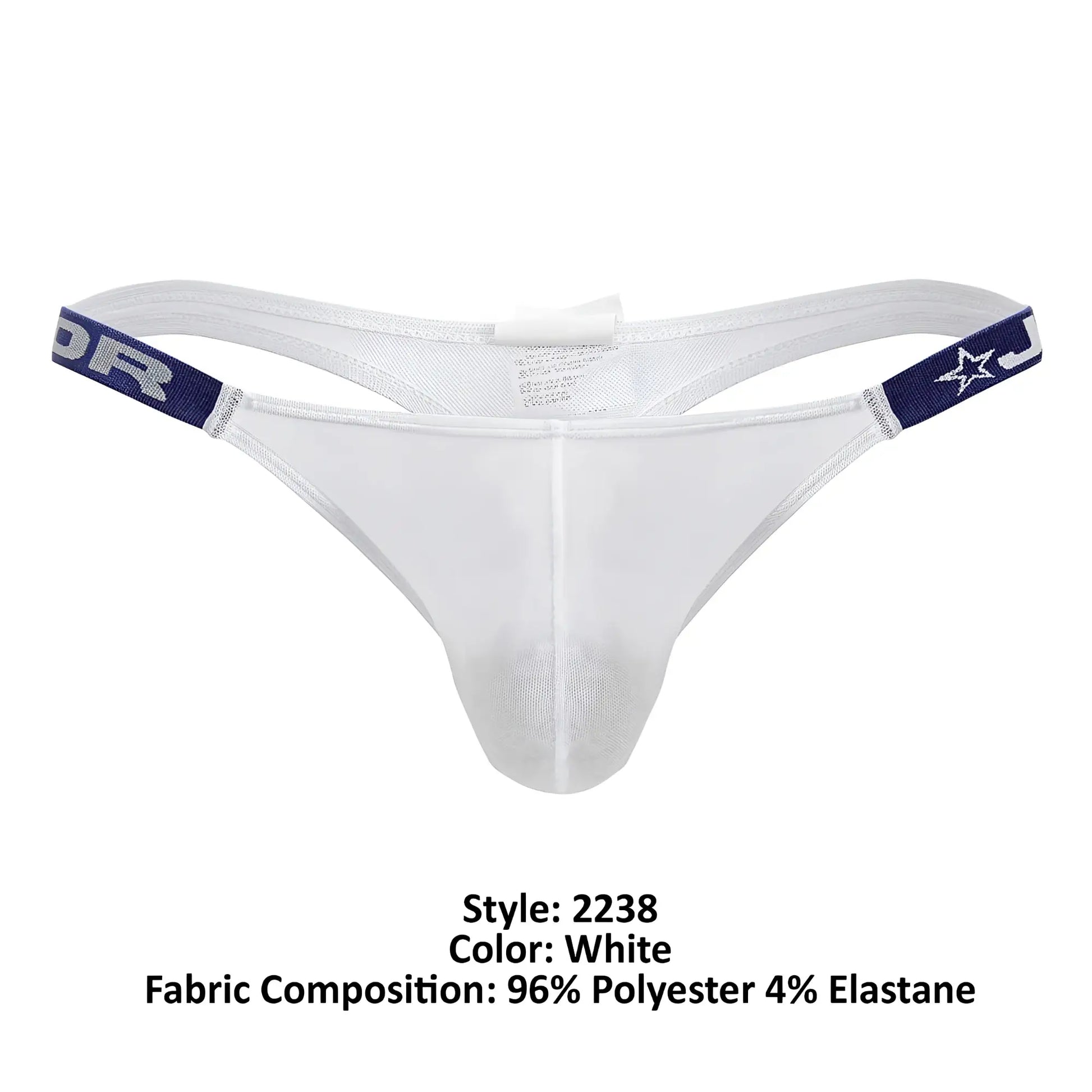 White mesh thong with navy blue elastic bands featuring star and lettering design jor 2238 frost thongs color white