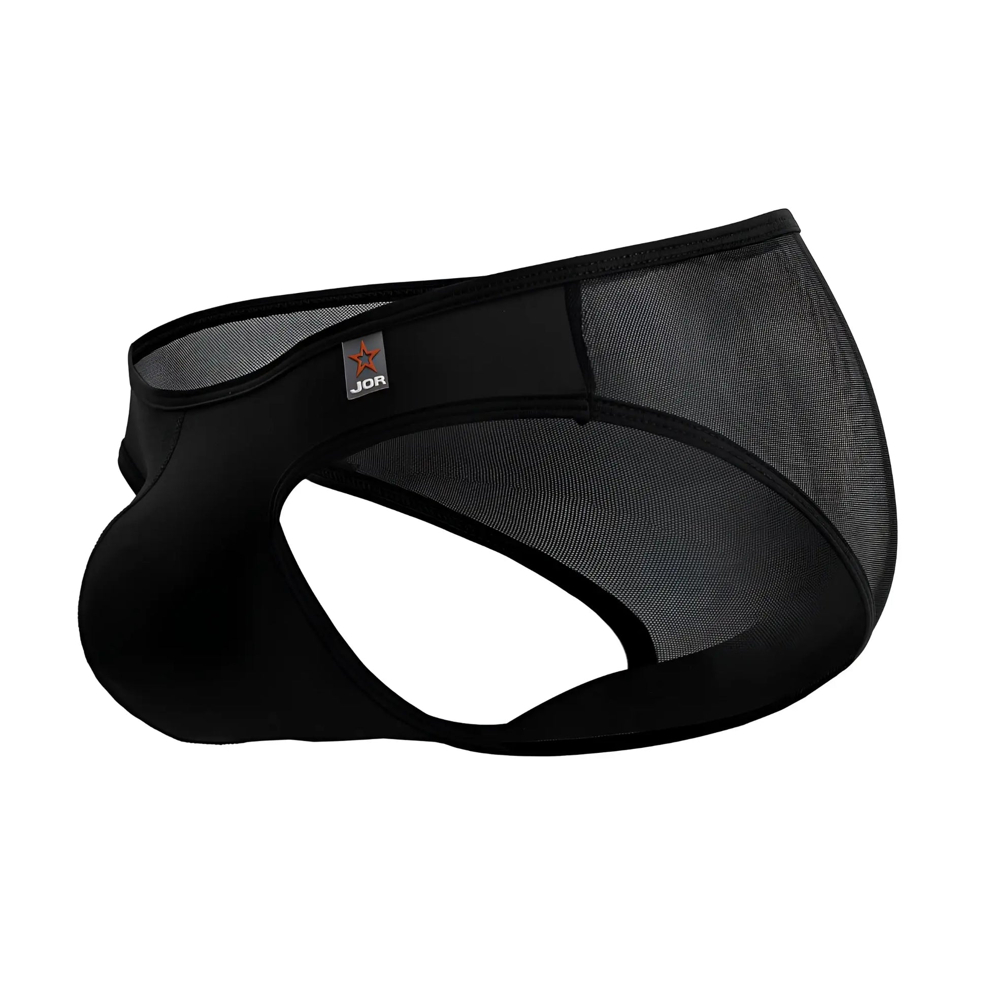Black mesh jor 2241 origin briefs with solid black elastic waistband and logo patch in black color