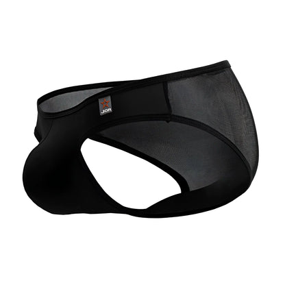 Black mesh jor 2241 origin briefs with solid black elastic waistband and logo patch in black color
