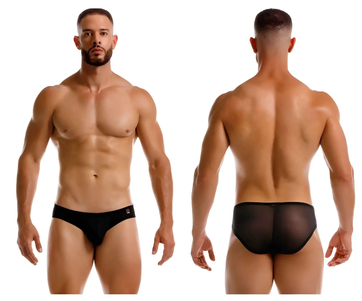 Black jor 2241 origin briefs featuring mesh fabric, solid waistband, and red logo on the left side
