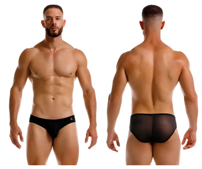 Black jor 2241 origin briefs featuring mesh fabric, solid waistband, and red logo on the left side