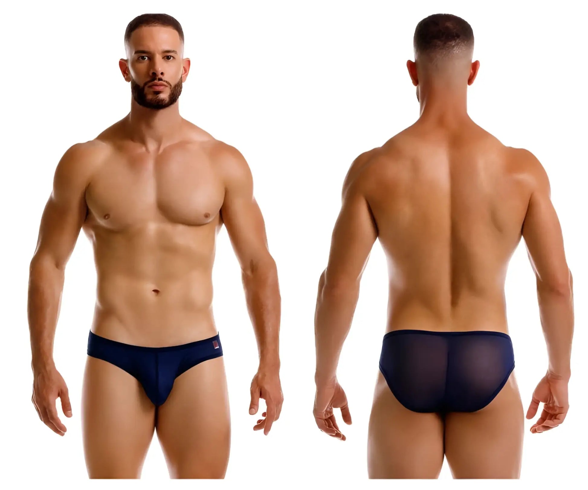 Navy blue JOR 2241 origin briefs made of sheer mesh with a solid fabric waistband front view