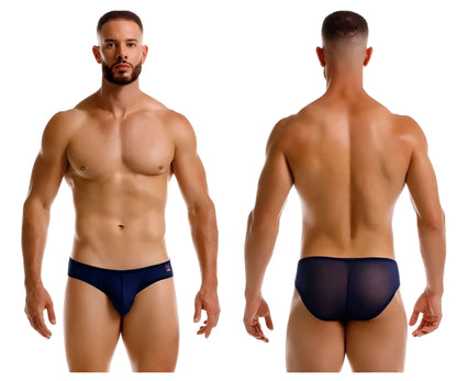 Navy blue JOR 2241 origin briefs made of sheer mesh with a solid fabric waistband front view