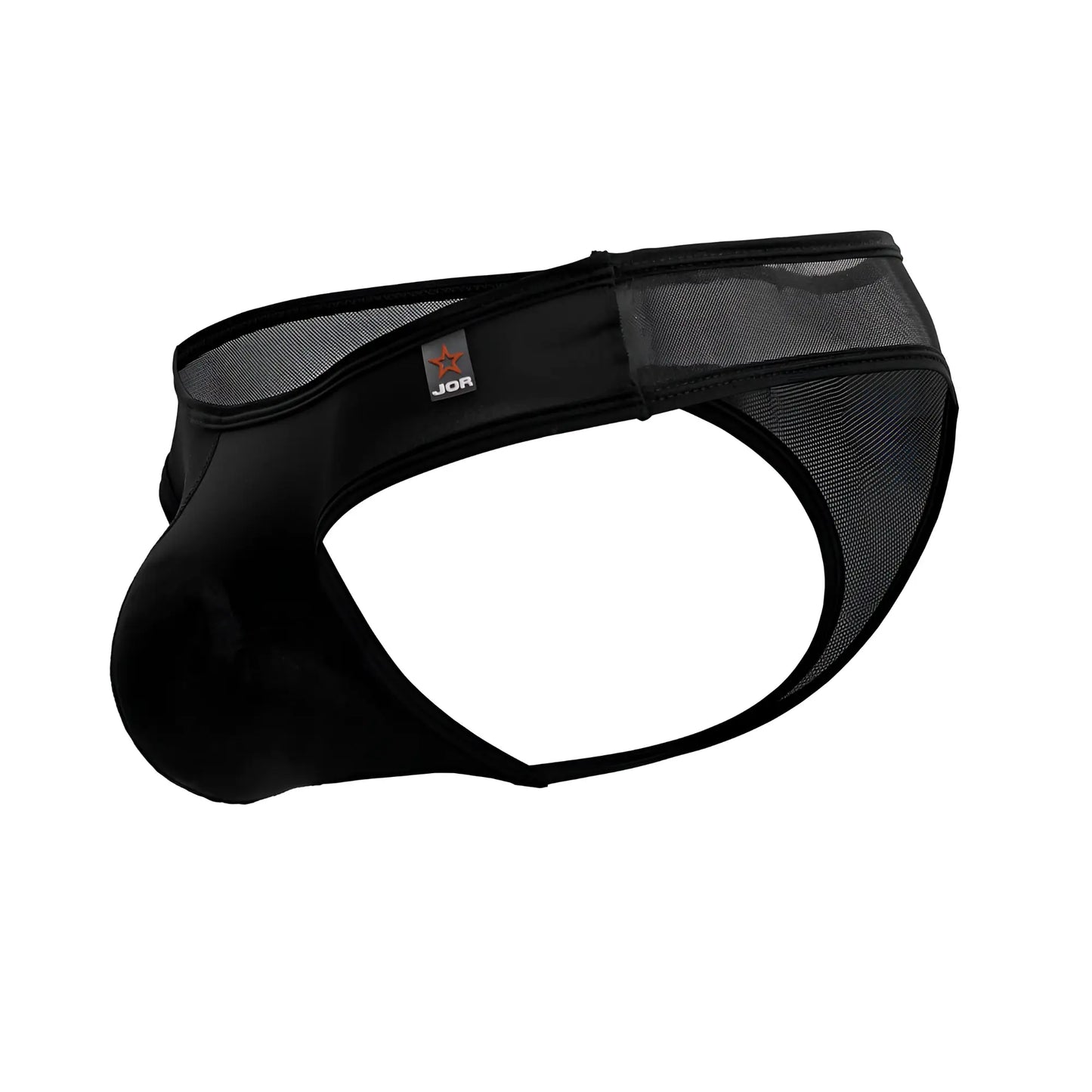 Black JOR 2242 Origin thong men’s briefs with mesh panel and solid fabric construction front view