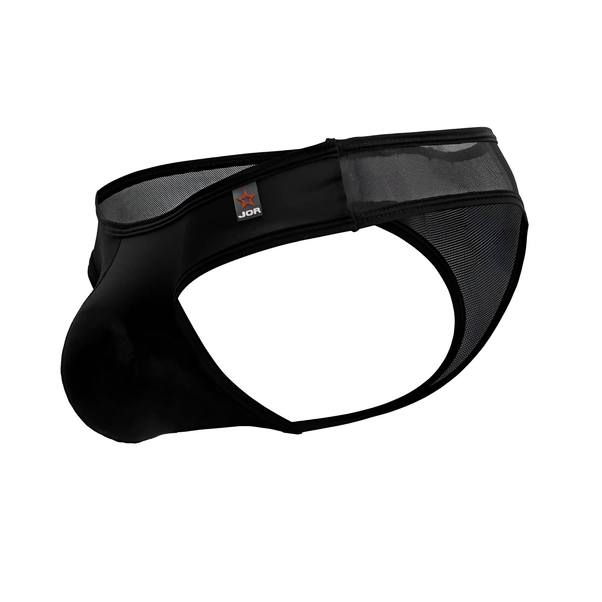 Black JOR 2242 Origin thong men’s briefs with mesh panel and solid fabric construction front view