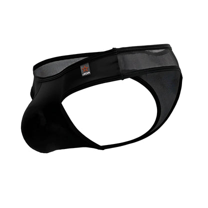 Black JOR 2242 Origin thong men’s briefs with mesh panel and solid fabric construction front view
