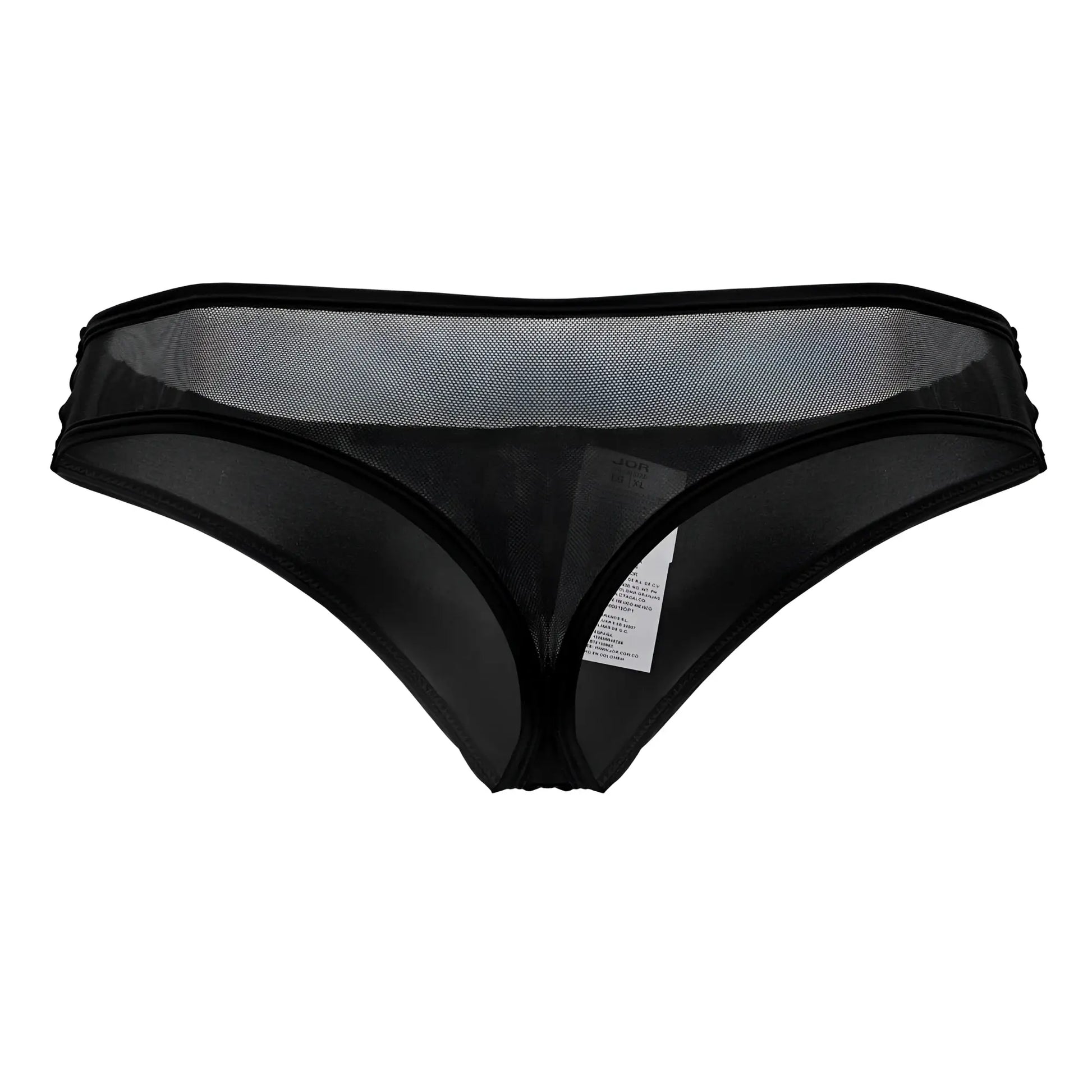 Black sheer mesh thong with solid black waistband and leg openings jor 2242 origin thong in black back view
