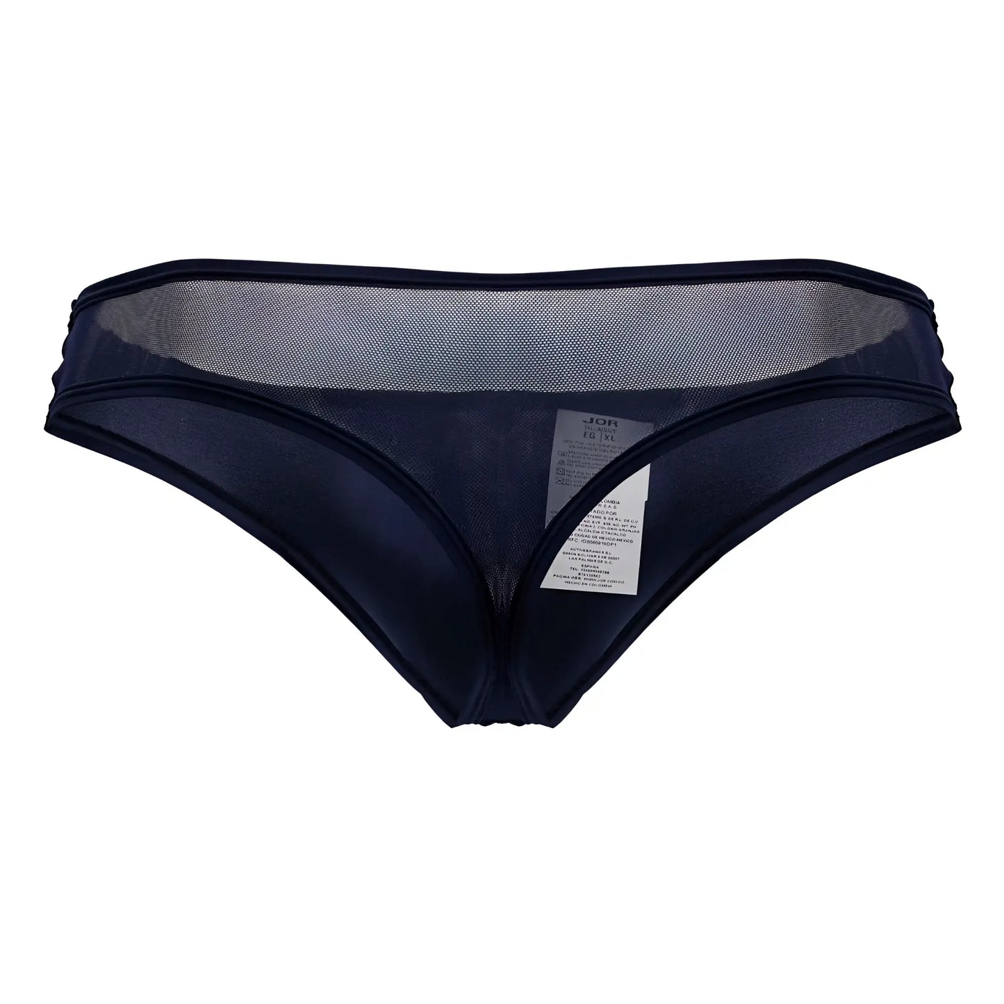Dark navy jor 2242 origin thong with smooth satin fabric and sheer mesh panel at the back