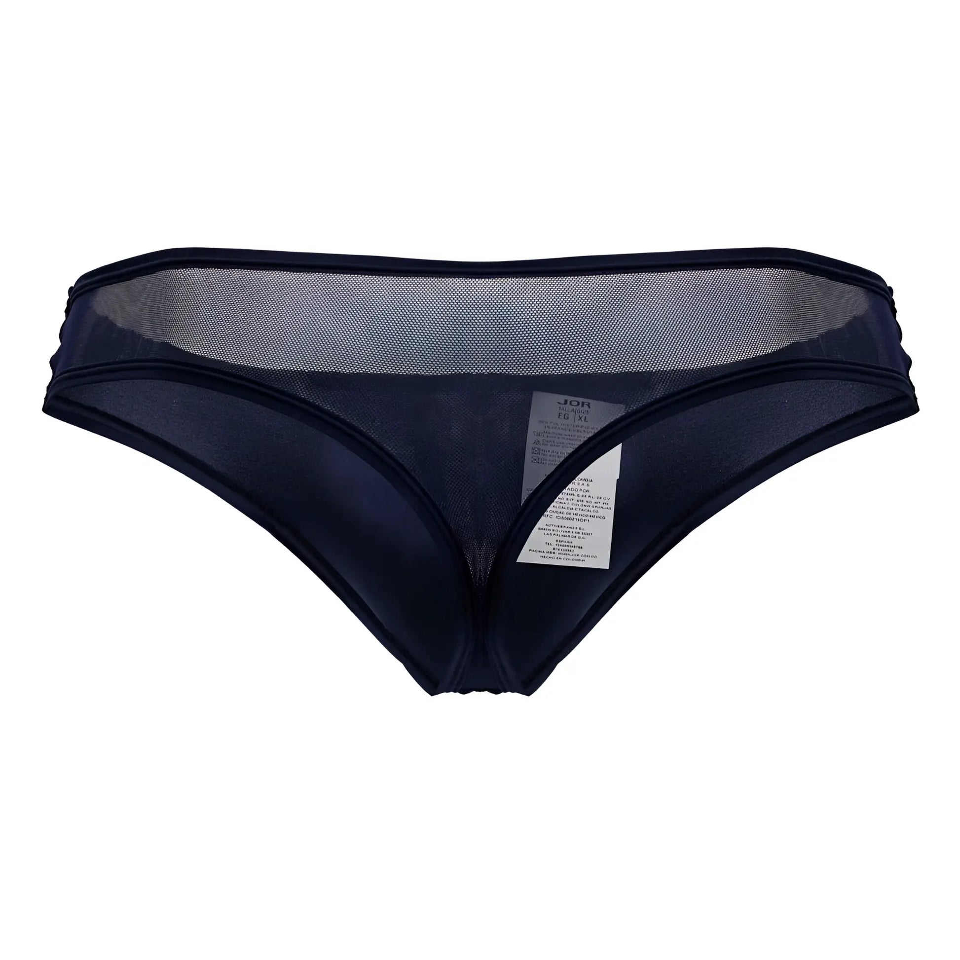 Dark navy jor 2242 origin thong with smooth satin fabric and sheer mesh panel at the back