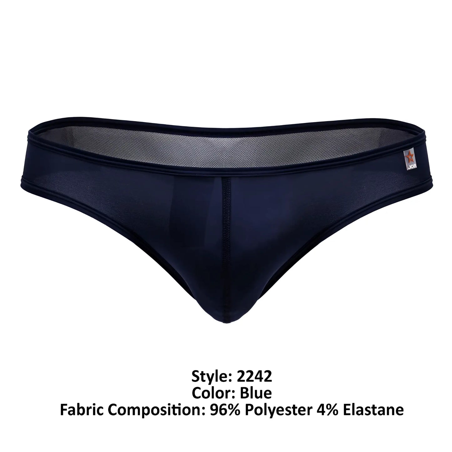 Dark blue form-fitting thong from jor 2242 origin thongs made of sheer mesh and opaque fabric blend shown from back