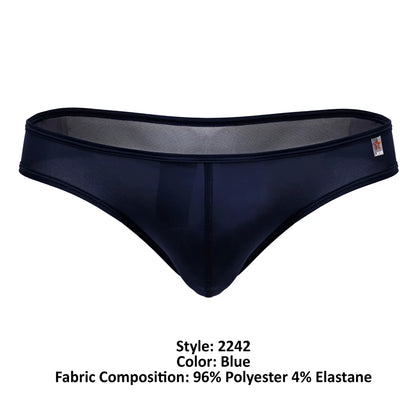 Dark blue form-fitting thong from jor 2242 origin thongs made of sheer mesh and opaque fabric blend shown from back