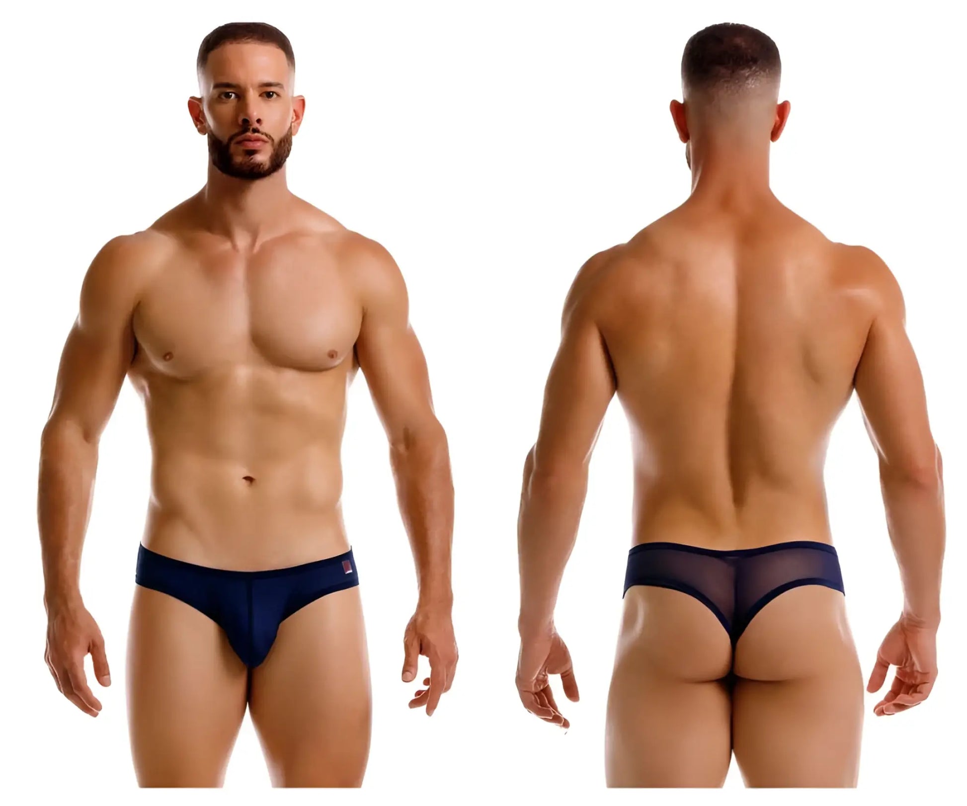Navy blue mesh JOR 2242 Origin thong with a solid fabric waistband shown from the back side