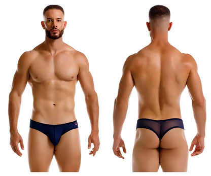 Navy blue mesh JOR 2242 Origin thong with a solid fabric waistband shown from the back side