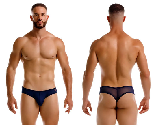 Navy blue mesh JOR 2242 Origin thong with a solid fabric waistband shown from the back side