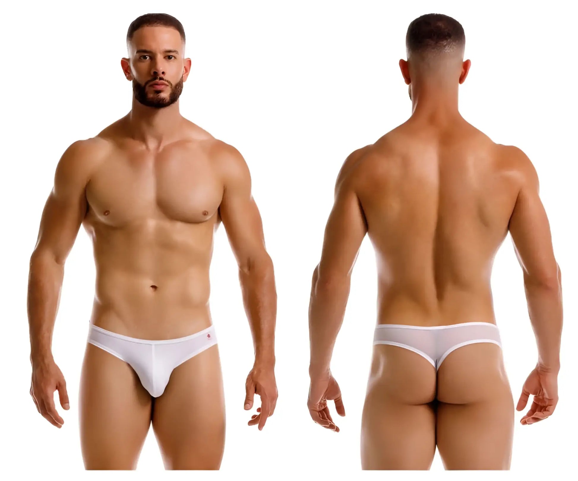 White JOR 2242 Origin thong briefs with a small pink logo on the left hipband, comfortable and stylish underwear