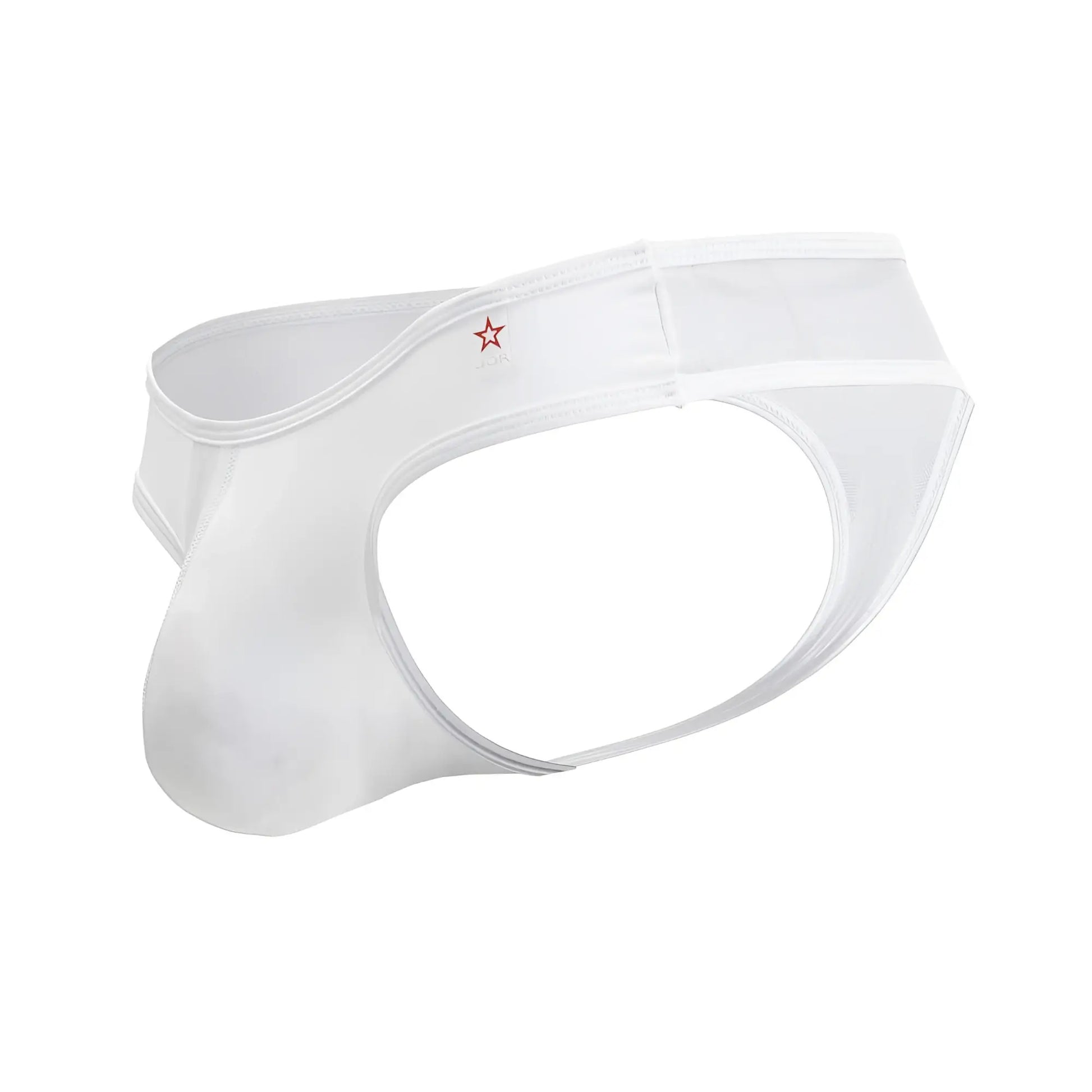 Jor 2242 origin thongs white sheer mesh briefs with a red star emblem on the waistband front view