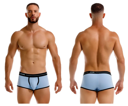 Light blue jor 2243 astra trunks boxer briefs with black trim and jor logo on waistband for comfortable daily wear