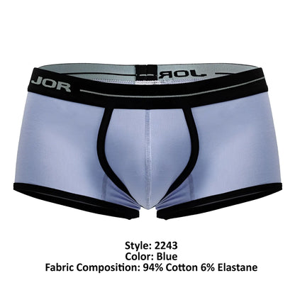 Light blue JOR 2243 Astra trunks men’s briefs with black trim and elastic waistband for comfortable fit