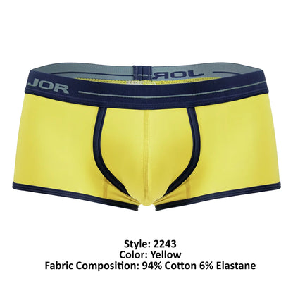 Bright yellow jor 2243 astra men’s briefs with navy blue trim and elastic waistband for comfortable wear