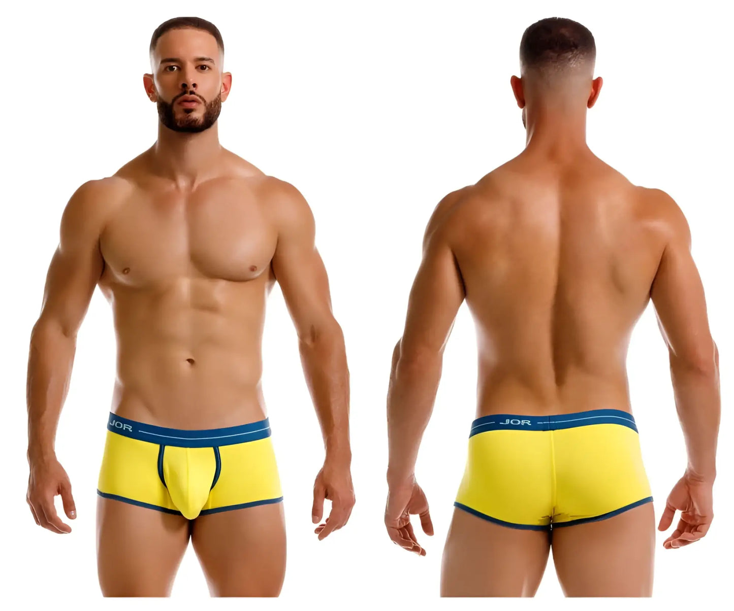 Bright yellow JOR 2243 Astra trunks men’s briefs with navy blue trim and waistband for comfortable wear