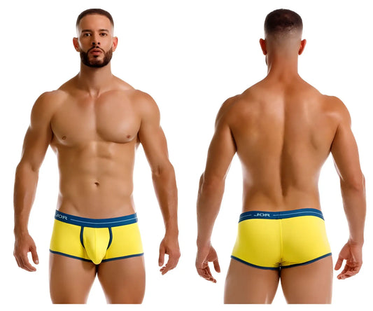 Bright yellow JOR 2243 Astra trunks men’s briefs with navy blue trim and waistband for comfortable wear