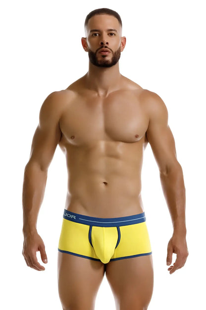 Bright yellow jor 2243 astra trunks with navy blue trim and waistband featuring jor logo men’s briefs